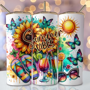 Summer Vibes Tumbler Wrap, 20 Unzen Skinny Sublimationsbecher Design, Aquarell Sommer Sublimationsdesign, Flip Flop Tumbler Png Downloads