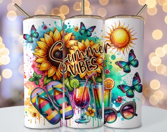 Summer Vibes Tumbler Wrap, 20 Unzen Skinny Sublimationsbecher Design, Aquarell Sommer Sublimationsdesign, Flip Flop Tumbler Png Downloads