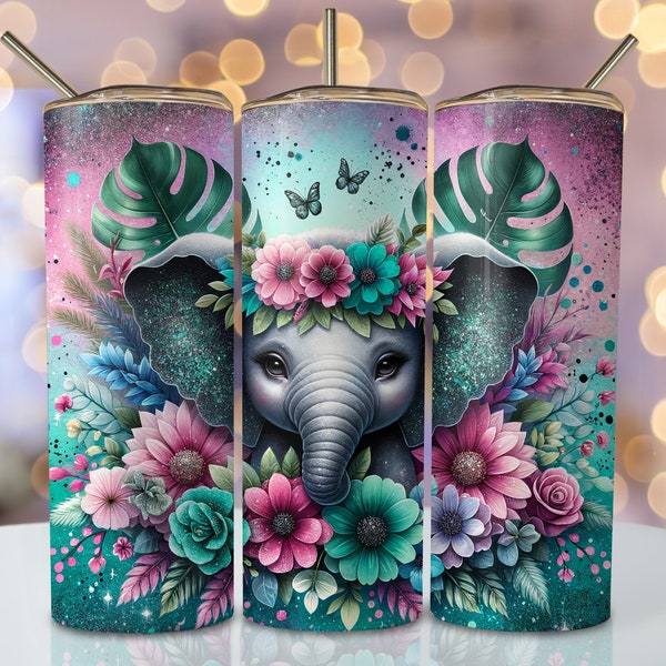 Envoltura de vaso de elefante floral, diseño de vaso de sublimación flaco de 20 oz, diseños de sublimación de elefante, descargas de png de vaso de flores de acuarela