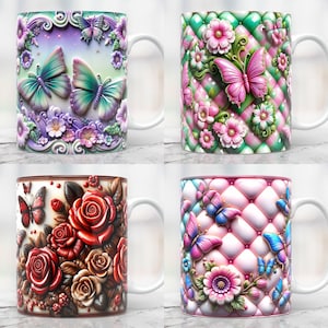 May include: Four different ceramic mugs with floral and butterfly designs. Each mug features a unique pattern with intricate details. The mugs are white with a glossy finish.