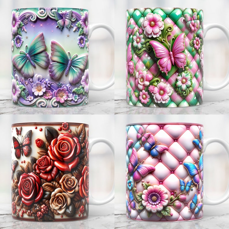 May include: Four different ceramic mugs with floral and butterfly designs. Each mug features a unique pattern with intricate details. The mugs are white with a glossy finish.