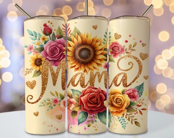 Flower Mama Tumbler Wrap, 20oz Skinny Sublimation Tumbler Design, Mother's Day Sublimation Wrap Design, Floral Mom Tumbler Png Downloads