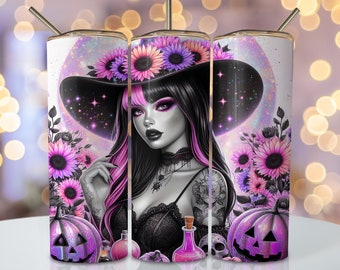 Envoltura para vaso de Halloween con diseño de bruja, diseño de vaso de sublimación delgado de 20 oz, diseño de sublimación de Halloween rosa PNG, vaso de Halloween de mujer PNG