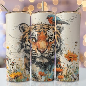 Floral Tiger Tumbler Wrap, 20oz Skinny Sublimation Tumbler Design, Tiger Sublimation Design For Tumbler, Watercolor Animal Tumbler Downloads