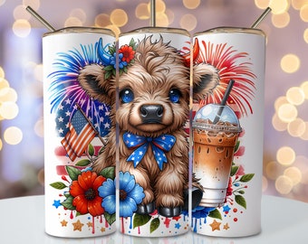 Highland Cow Tumbler Wrap, 20oz Skinny Sublimation Tumbler Design, 4th Of July Sublimation Design, Floral USA Patriotic Tumbler Png Download