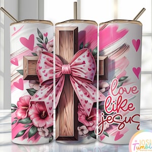May include: Three pink and white sublimation tumblers with a cross, bow, and floral design. The tumblers have the text "Love Like Jesus" on one of them.