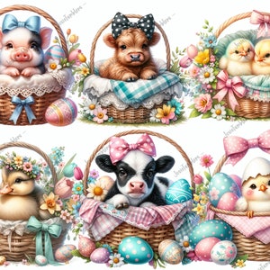 May include: Six baskets filled with Easter eggs and adorable baby animals. A piglet, a Highland cow, a black and white cow, a duckling, and two chicks are nestled in the baskets, surrounded by colorful flowers.