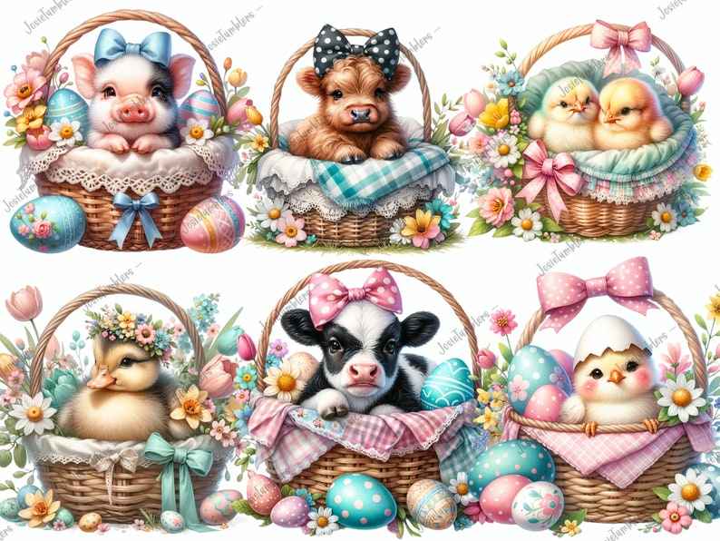 May include: Six baskets filled with Easter eggs and adorable baby animals. A piglet, a Highland cow, a black and white cow, a duckling, and two chicks are nestled in the baskets, surrounded by colorful flowers.