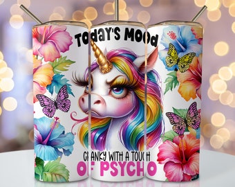 Envoltura de vaso de unicornio gruñón sin costuras, diseño de vaso de sublimación flaco de 20 oz, diseño de sublimación de unicornio divertido, descargas de png de vaso divertido
