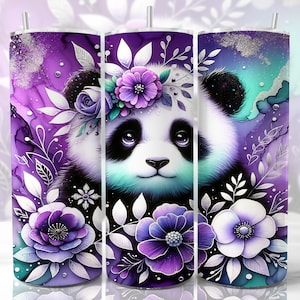 May include: A purple and teal watercolor background with a panda bear wearing a flower crown. The panda is surrounded by purple and white flowers.