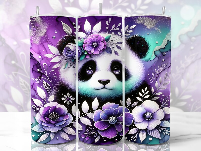 May include: A purple and teal watercolor background with a panda bear wearing a flower crown. The panda is surrounded by purple and white flowers.