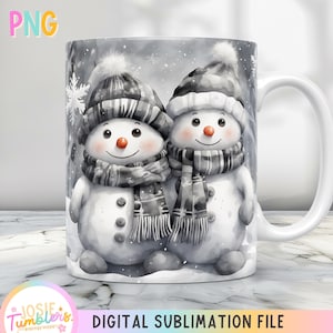 May include: A sublimation design featuring two snowmen wearing scarves and hats against a snowy background. The snowmen are in black and white with a hint of red on their noses.