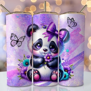 Cute Panda Tumbler Wrap, 20oz Skinny Sublimation Tumbler Design, Purple Animal Sublimation Design Png, Floral Pastel Tumbler Png Downloads
