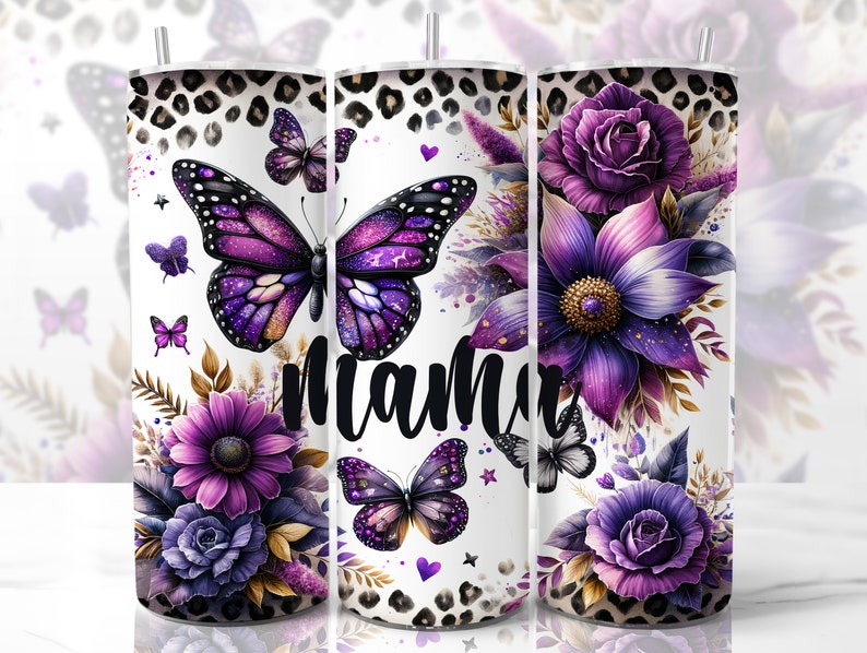 May include: A white tumbler with a purple and gold floral design, a large purple butterfly with glitter accents, and the word "mama" in black lettering. The background features a leopard print pattern.