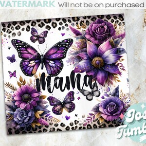 May include: Purple and gold floral design with butterflies and the word "mama" on a white background with a leopard print border.