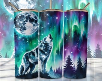 Wolf Tumbler Wrap Png, 20oz Skinny Sublimation Tumbler Design, Northern Lights Sublimation Design Png, Vibrant Forest Tumbler Png Downloads