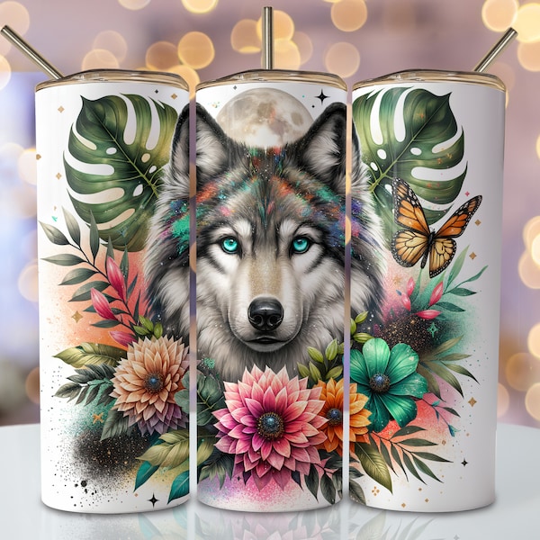 Floral Wolf Tumbler Wrap, 20oz Skinny Sublimation Tumbler Design, Watercolor Wolf Sublimation Design, Flower Animal Tumbler Png Download