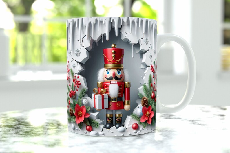 May include: White ceramic mug with a Christmas-themed design. The mug features a nutcracker holding a gift, surrounded by holly, pine branches, and snowflakes. The design is in a cracked ice effect.