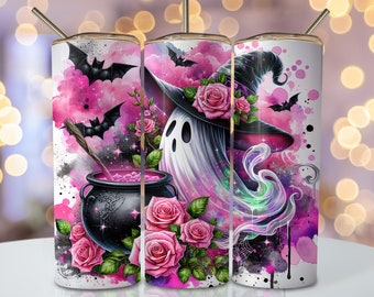 Halloween Ghost Tumbler Wrap, 20oz Skinny Sublimation Tumbler Design, Spooky Sublimation Design Png, Pink Halloween Tumbler Png Download