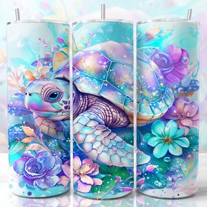 May include: A colourful, iridescent sea turtle with a shell decorated with glitter and flowers. The turtle is surrounded by pink, blue and purple flowers. The background is a light blue watercolour wash.