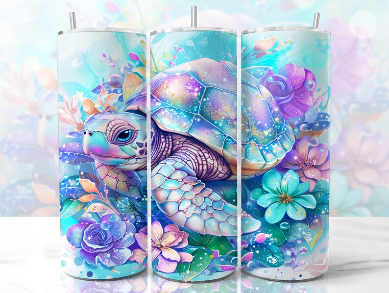 May include: A colourful, iridescent sea turtle with a shell decorated with glitter and flowers. The turtle is surrounded by pink, blue and purple flowers. The background is a light blue watercolour wash.