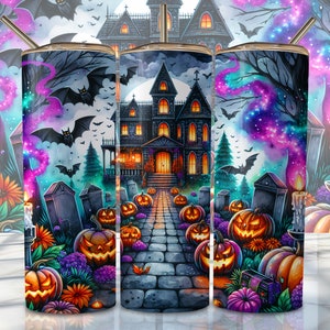 Spooky Halloween Tumbler Wrap, 20oz Skinny Sublimation Tumbler Design, Halloween Sublimation Design Png, Pumpkin Haunted House Tumbler Png