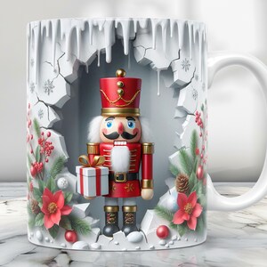 May include: White ceramic mug with a winter scene featuring a nutcracker holding a gift. The mug has a white glaze with a cracked ice effect and a red and green holly design.