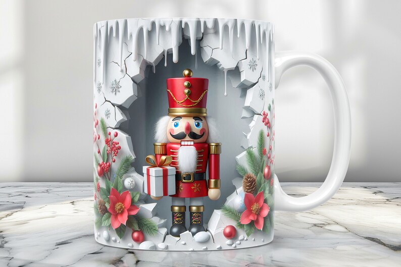 May include: White ceramic mug with a winter scene featuring a nutcracker holding a gift. The mug has a white glaze with a cracked ice effect and a red and green holly design.