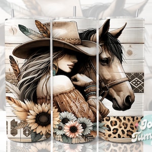 Emballage de gobelet fille cheval, 20 oz modèles de gobelet à sublimation maigre, motif Sublimation cheval, emballage PNG de gobelet cow-girl, gobelet fichiers numériques