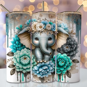 Floral Elephant Tumbler Wrap, 20 oz Skinny Sublimation Tumbler Design, Elephant Sublimation Design, Watercolor Floral Tumbler Png Downloads