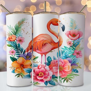 Floral Flamingo Tumbler Wrap, 20oz Skinny Sublimation Tumbler Design, Watercolor Bird Sublimation Design Png, Flamingo Tumbler Png Downloads