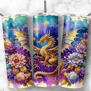 Envoltura de vaso de dragón de acuarela, diseños de vaso de sublimación flaco de 20 oz, diseño de vaso de sublimación de dragón, vaso de acuarela png Descargar imagen 3