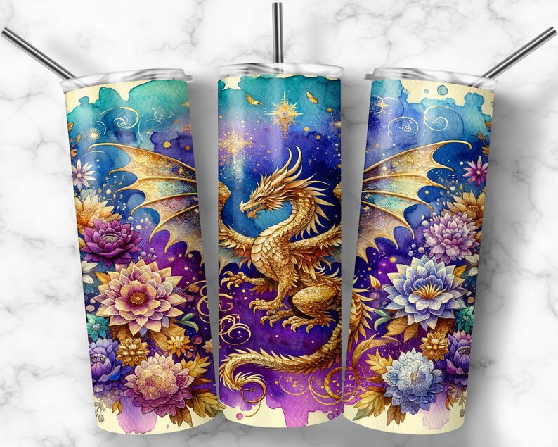 Envoltura de vaso de dragón de acuarela, diseños de vaso de sublimación flaco de 20 oz, diseño de vaso de sublimación de dragón, vaso de acuarela png Descargar imagen 3