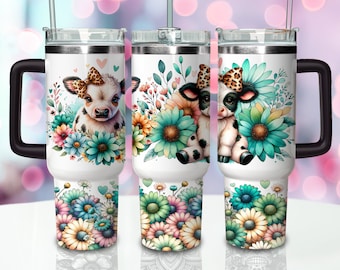 40oz Floral Cow Tumbler Wrap, 40oz Sublimation Design Download, Cute Cow 40oz Tumbler Png, 40 Oz Quencher Tumbler Sublimation Design Png