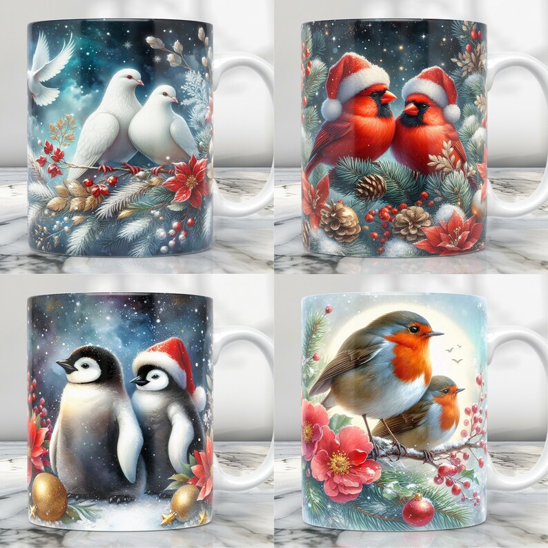 May include: Four different Christmas themed mugs. The first mug features two white doves perched on a branch with red berries and a blue starry night background. The second mug features two red cardinals perched on a branch with pine cones and red berries. The third mug features two penguins with red Santa hats on a snowy background. The fourth mug features a robin perched on a branch with red berries and a snowy background.