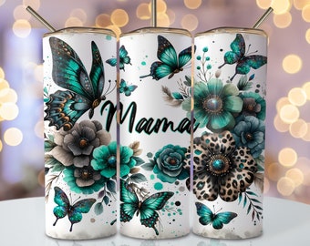 Mother's Day Tumbler Wrap, 20oz Skinny Sublimation Tumbler Designs, Butterfly Sublimation Design, Watercolor Teal Mama Tumbler Png Wrap