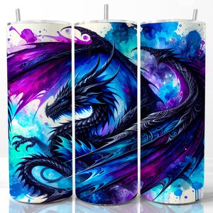 May include: A black dragon with blue and purple watercolor wings on a white background. The dragon is flying with its wings spread out. The watercolor is in a splatter pattern.