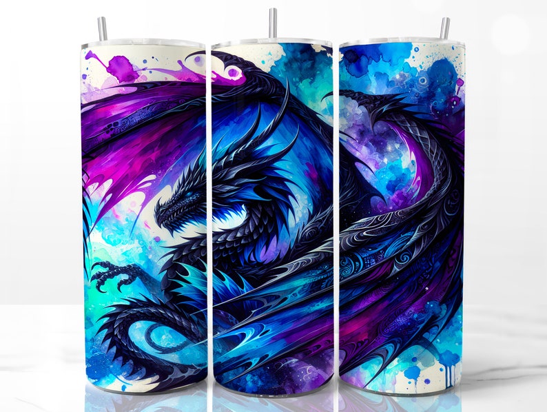 May include: A black dragon with blue and purple watercolor wings on a white background. The dragon is flying with its wings spread out. The watercolor is in a splatter pattern.