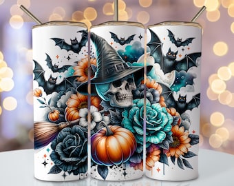 Vaso con diseño de calavera de Halloween, vaso delgado de 20 oz para sublimación, diseño de sublimación espeluznante PNG, vaso de bruja de Halloween PNG para descargar