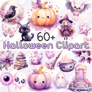60+ lilla Halloween Clipart Bundle pastello Kawaii zucca Clipart PNG Bundle fantasma Download digitale acquerello Clipart personaggi trasparenti