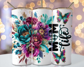Mom Life Tumbler Wrap, 20oz Skinny Sublimation Tumbler Design, Mother's Day Sublimation Design Png, Floral Mom Wrap Tumbler Png Downloads