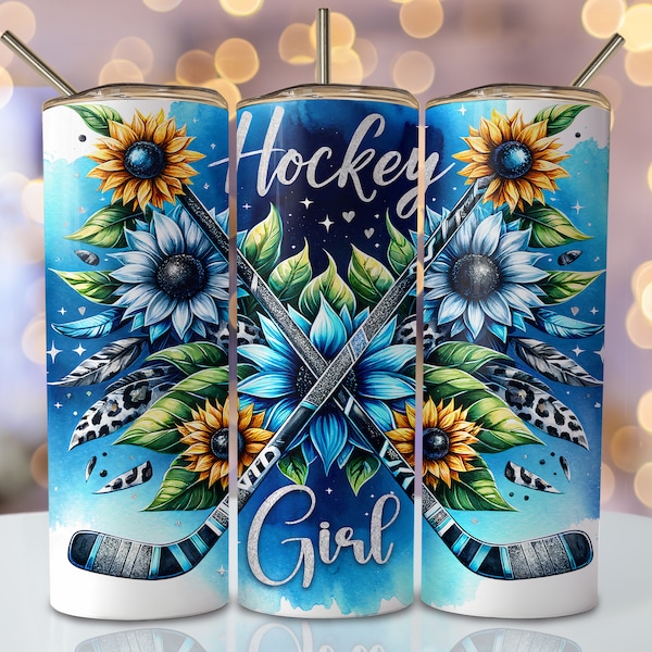 Hockey Girl Tumbler Wrap Png, 20oz Skinny Sublimation Tumbler Design, Floral Hockey Sublimation Design, Flower Hockey Tumbler PNG Download