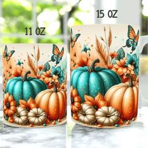 Pu&ograve; includere: Due tazze in ceramica bianca con un design a tema autunnale. Il design presenta zucche turchesi, fiori arancioni e turchesi, farfalle e spighe di grano. Una tazza &egrave; etichettata "11 OZ" e l'altra "15 OZ".