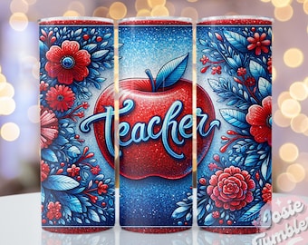 Involucro per bicchiere per insegnanti con glitter, design sottile per bicchiere per sublimazione da 20 once, design per sublimazione per insegnanti Png, bicchiere per Apple per insegnanti floreale Scarica