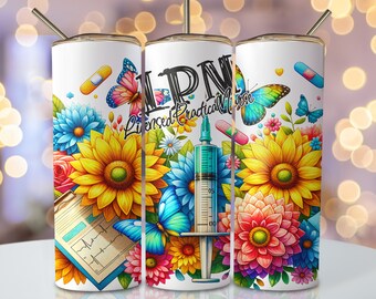 LPN Nurse Tumbler Wrap, 20oz Skinny Sublimation Tumbler Design, LPN Nurse Sublimation Design, Floral Nurse LPN Tumbler Sublimation Download