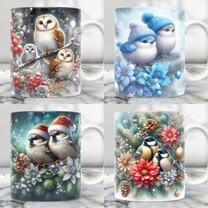 May include: Set of four white ceramic mugs with winter holiday themed designs. The mugs feature owls, birds, and winter foliage.