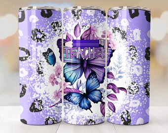 Leopard Teacher Tumbler Butterfly PNG, Diseño de vaso púrpura sin costuras, Sublimación para envolver vaso flaco de 20 oz, Envoltura de vaso de lápiz de maestro
