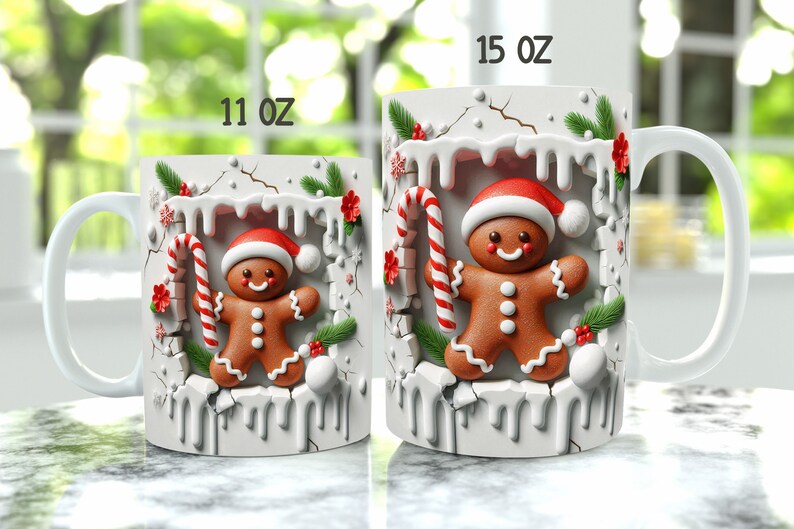 May include: Two white ceramic mugs with a gingerbread man design. The mugs are 11 oz and 15 oz. The gingerbread man is holding a candy cane and is surrounded by white icing and red and green holly.