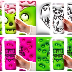 May include: Four different designs of stainless steel tumblers with various Halloween themes. The designs include a green zombie face, a black and white ghost and skull design, a pink slime with the text "Little Monster", and a green slime with the text "Little Monster".