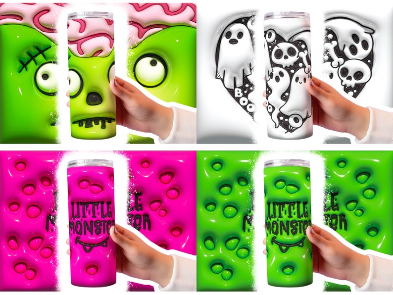 May include: Four different designs of stainless steel tumblers with various Halloween themes. The designs include a green zombie face, a black and white ghost and skull design, a pink slime with the text "Little Monster", and a green slime with the text "Little Monster".